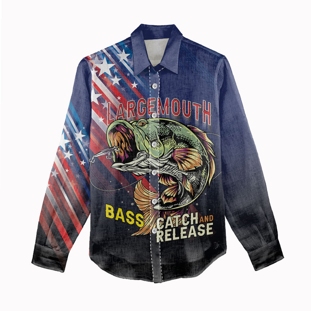 Personalized Largemouth Bass Fishing Women Casual Shirt American Flag