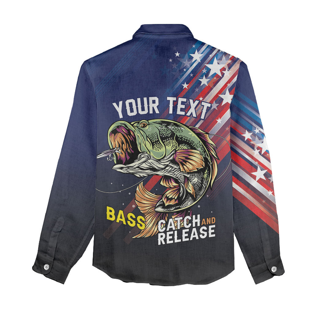 Personalized Largemouth Bass Fishing Women Casual Shirt American Flag