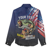 Personalized Largemouth Bass Fishing Women Casual Shirt American Flag