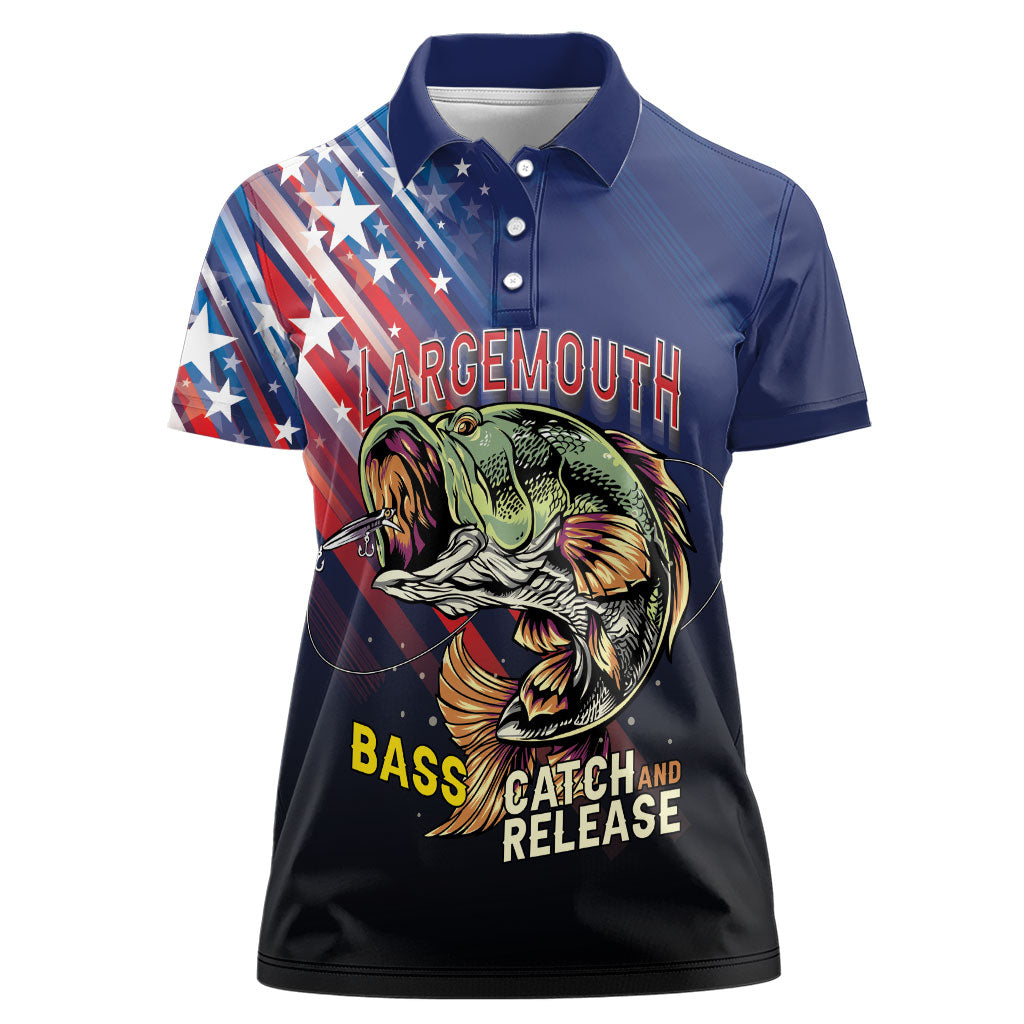 Personalized Largemouth Bass Fishing Women Polo Shirt American Flag