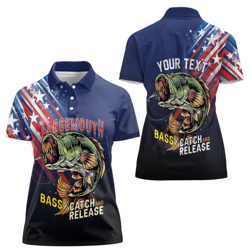 Personalized Largemouth Bass Fishing Women Polo Shirt American Flag