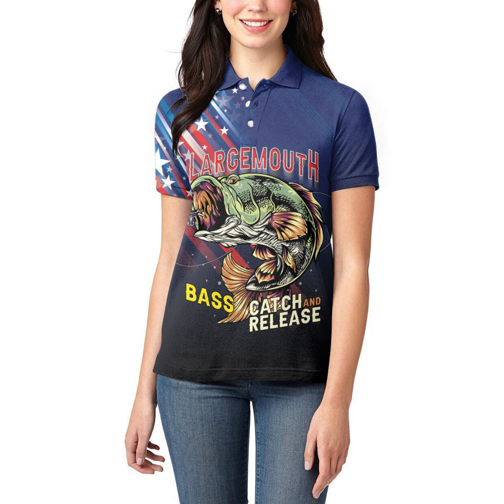 Personalized Largemouth Bass Fishing Women Polo Shirt American Flag