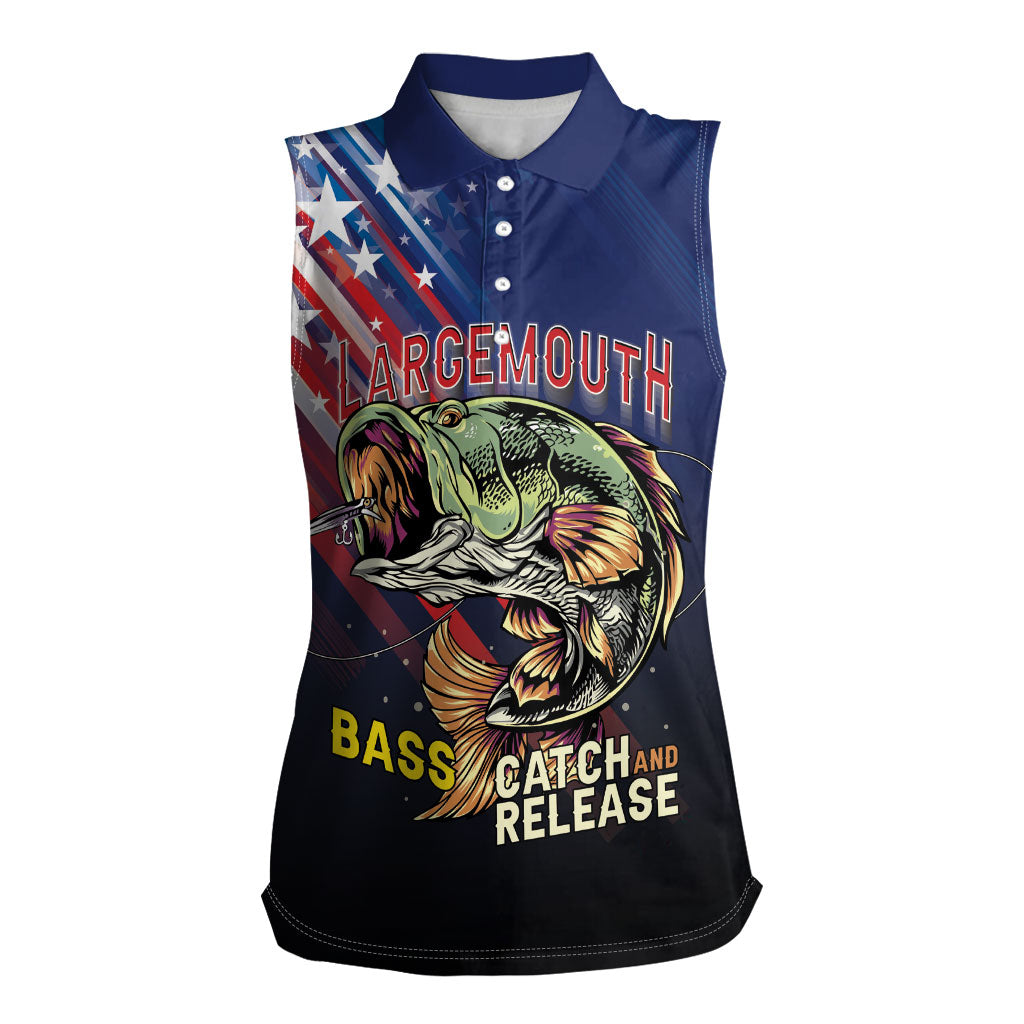 Personalized Largemouth Bass Fishing Women Sleeveless Polo Shirt American Flag