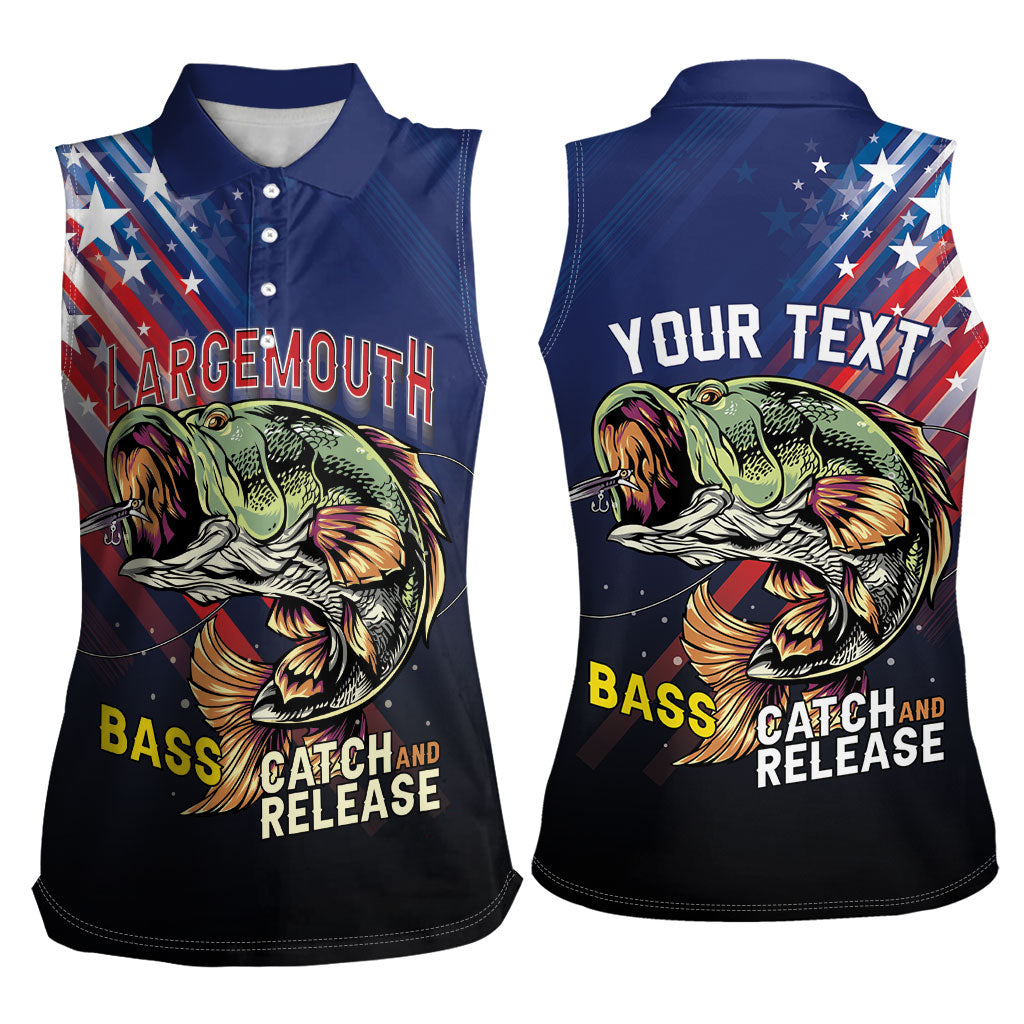 Personalized Largemouth Bass Fishing Women Sleeveless Polo Shirt American Flag