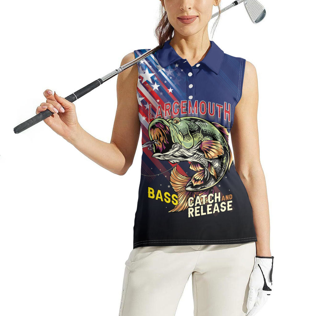 Personalized Largemouth Bass Fishing Women Sleeveless Polo Shirt American Flag