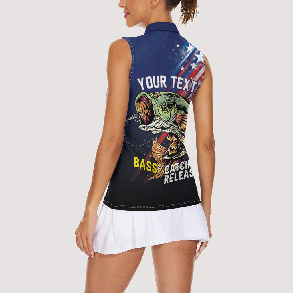 Personalized Largemouth Bass Fishing Women Sleeveless Polo Shirt American Flag