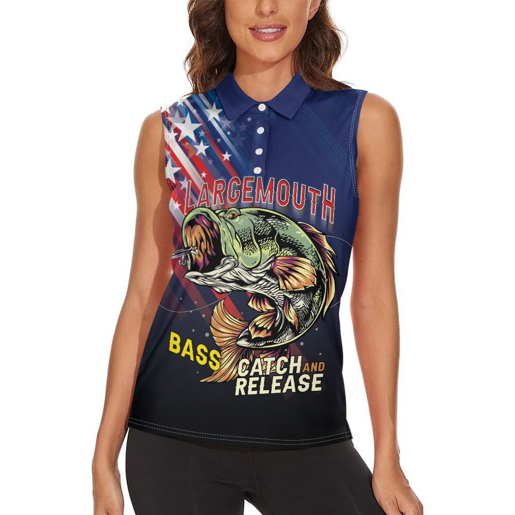 Personalized Largemouth Bass Fishing Women Sleeveless Polo Shirt American Flag