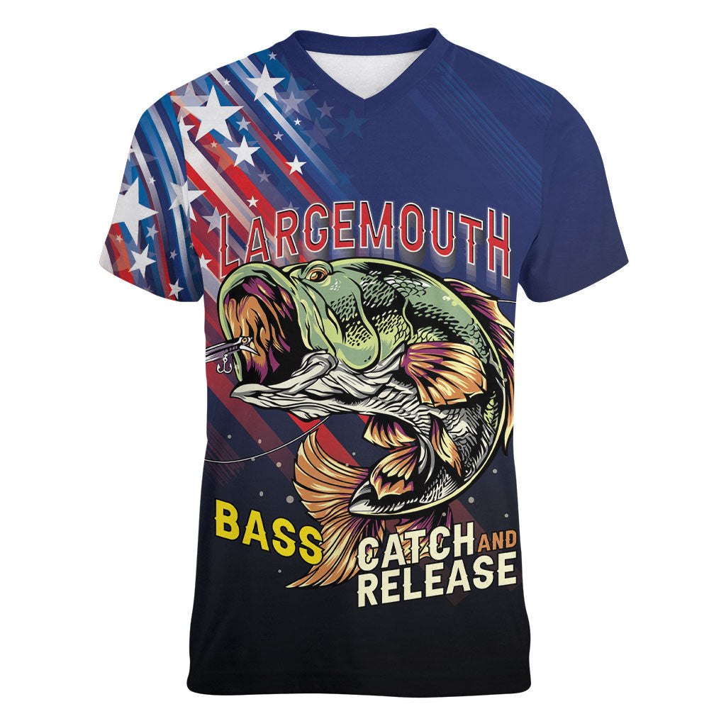 Personalized Largemouth Bass Fishing Women V-Neck T-Shirt American Flag