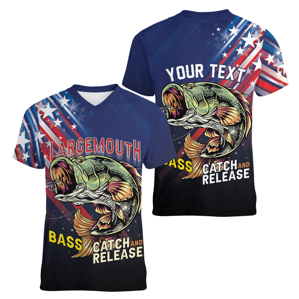 Personalized Largemouth Bass Fishing Women V-Neck T-Shirt American Flag