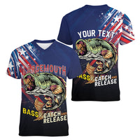 Personalized Largemouth Bass Fishing Women V-Neck T-Shirt American Flag