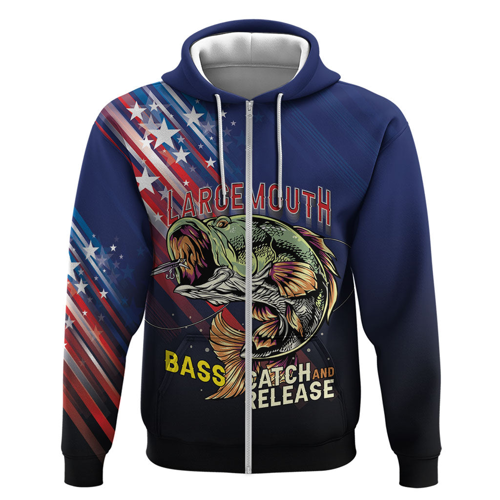 Personalized Largemouth Bass Fishing Zip Hoodie American Flag