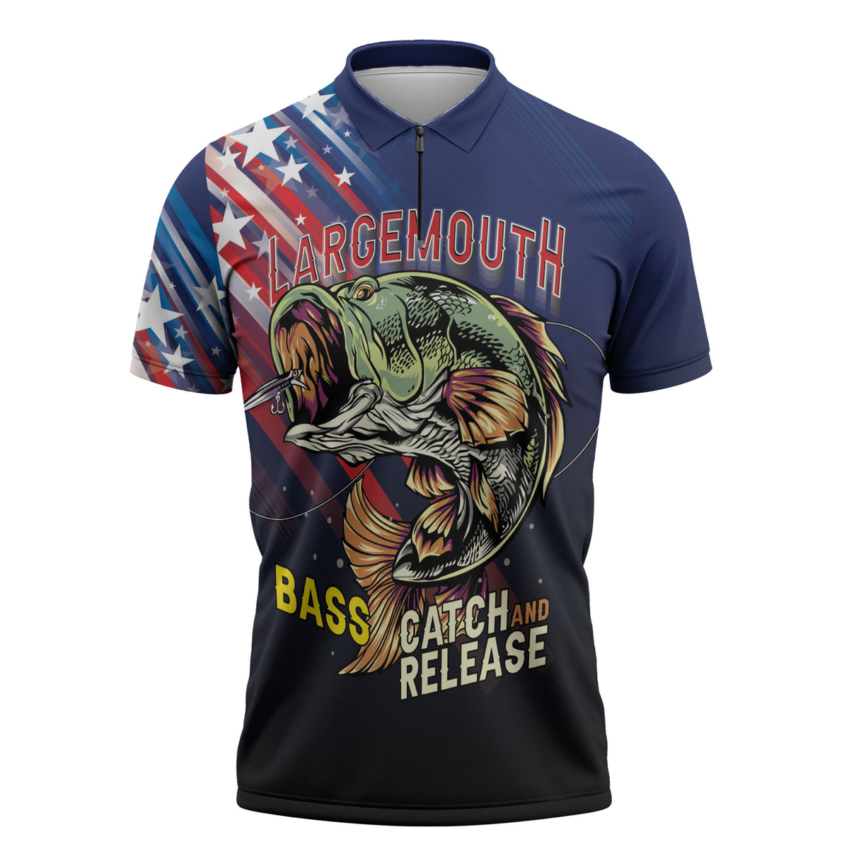 Personalized Largemouth Bass Fishing Zipper Polo Shirt American Flag