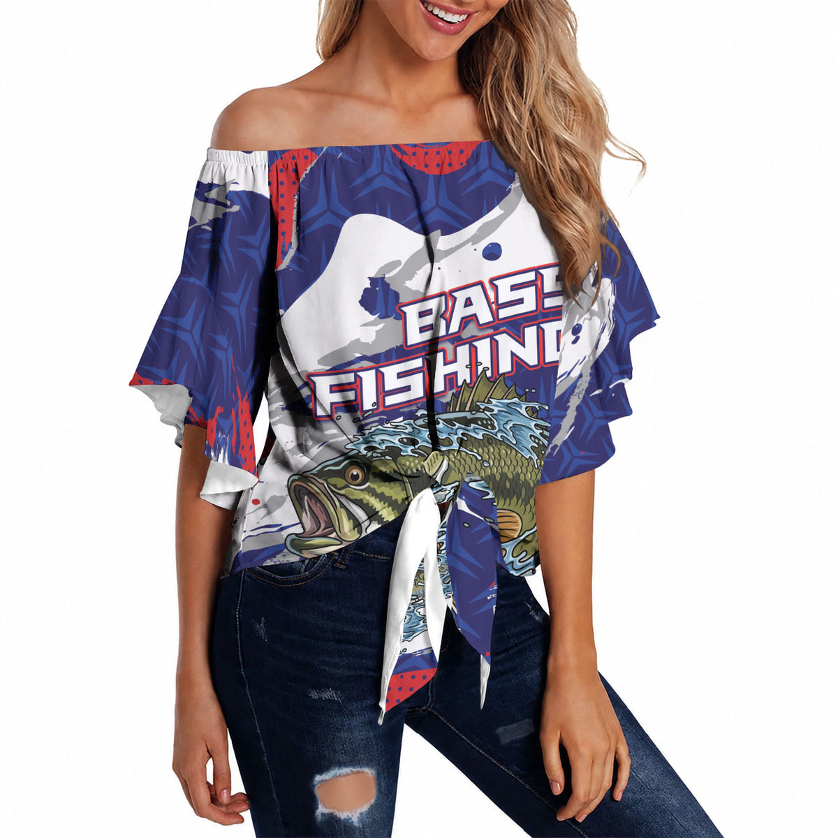 Personalized Largemouth Bass Tournament Fishing Off Shoulder Wrap Waist Top