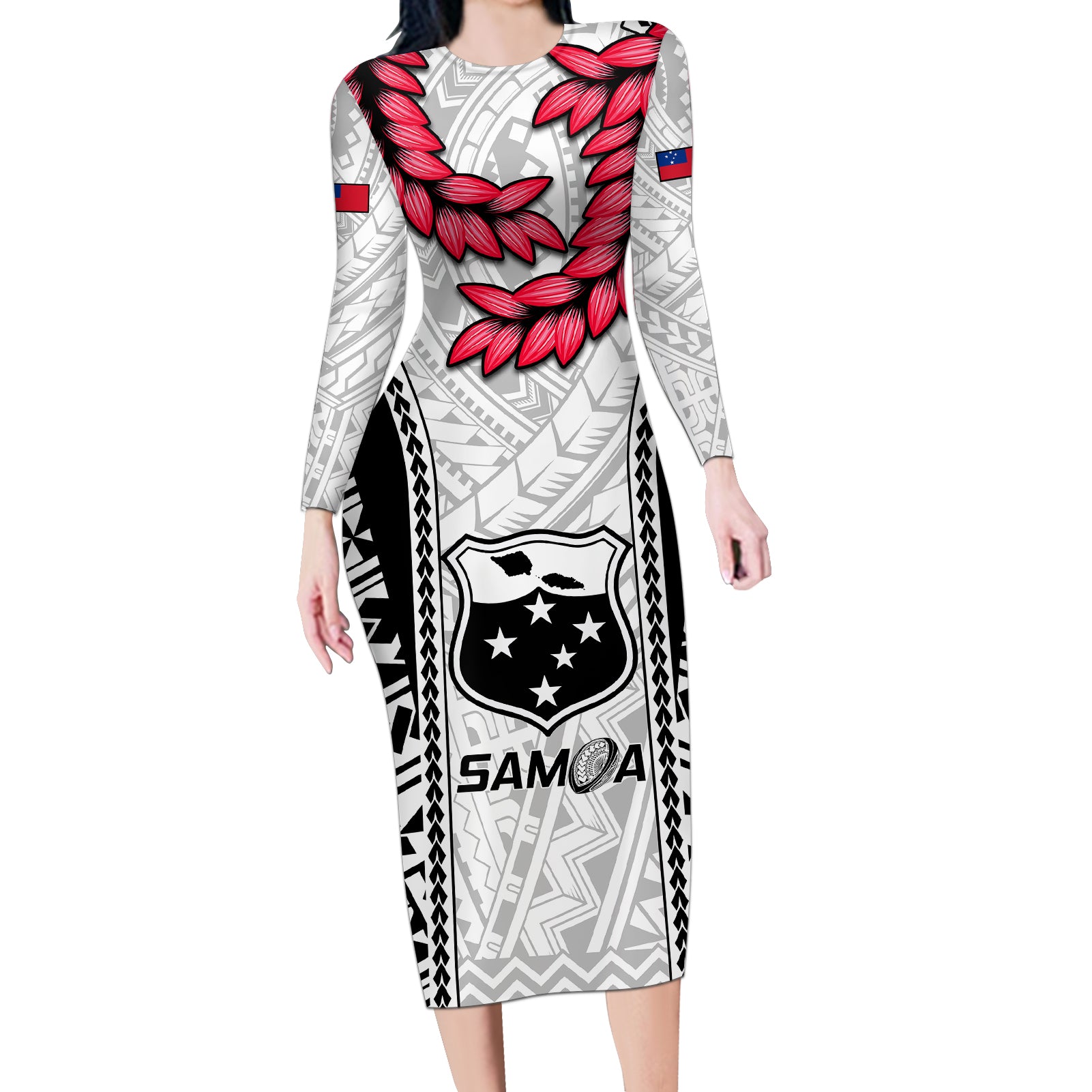 Samoa Rugby Long Sleeve Bodycon Dress Go Champions World Cup 2023 Polynesian Unique - Wonder Print Shop