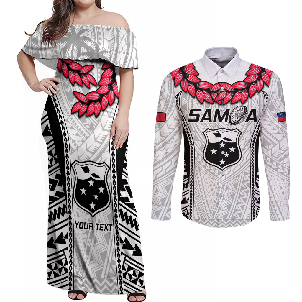 Custom Samoa Rugby Couples Matching Off Shoulder Maxi Dress and Long Sleeve Button Shirts Go Champions World Cup 2023 Polynesian Unique LT9 - Wonder Print Shop