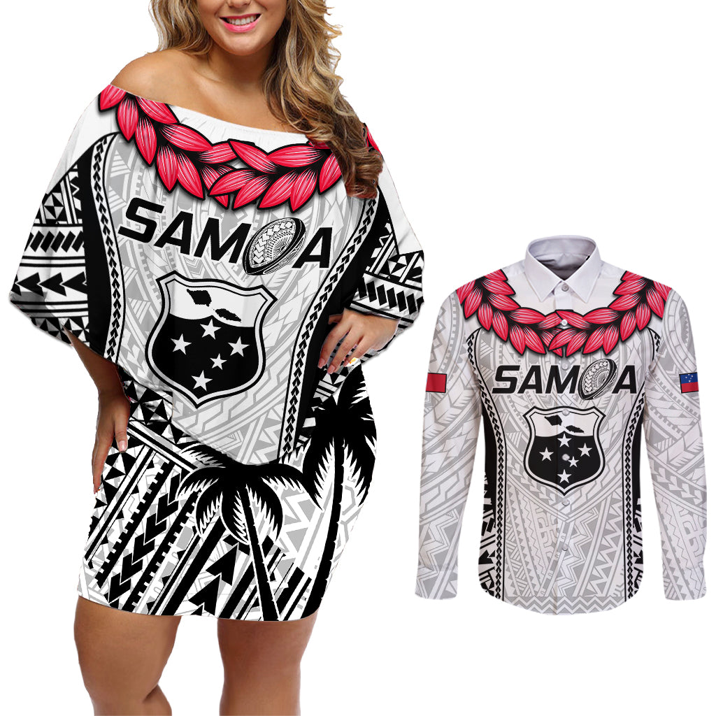 Custom Samoa Rugby Couples Matching Off Shoulder Short Dress and Long Sleeve Button Shirts Go Champions World Cup 2023 Polynesian Unique LT9 - Wonder Print Shop