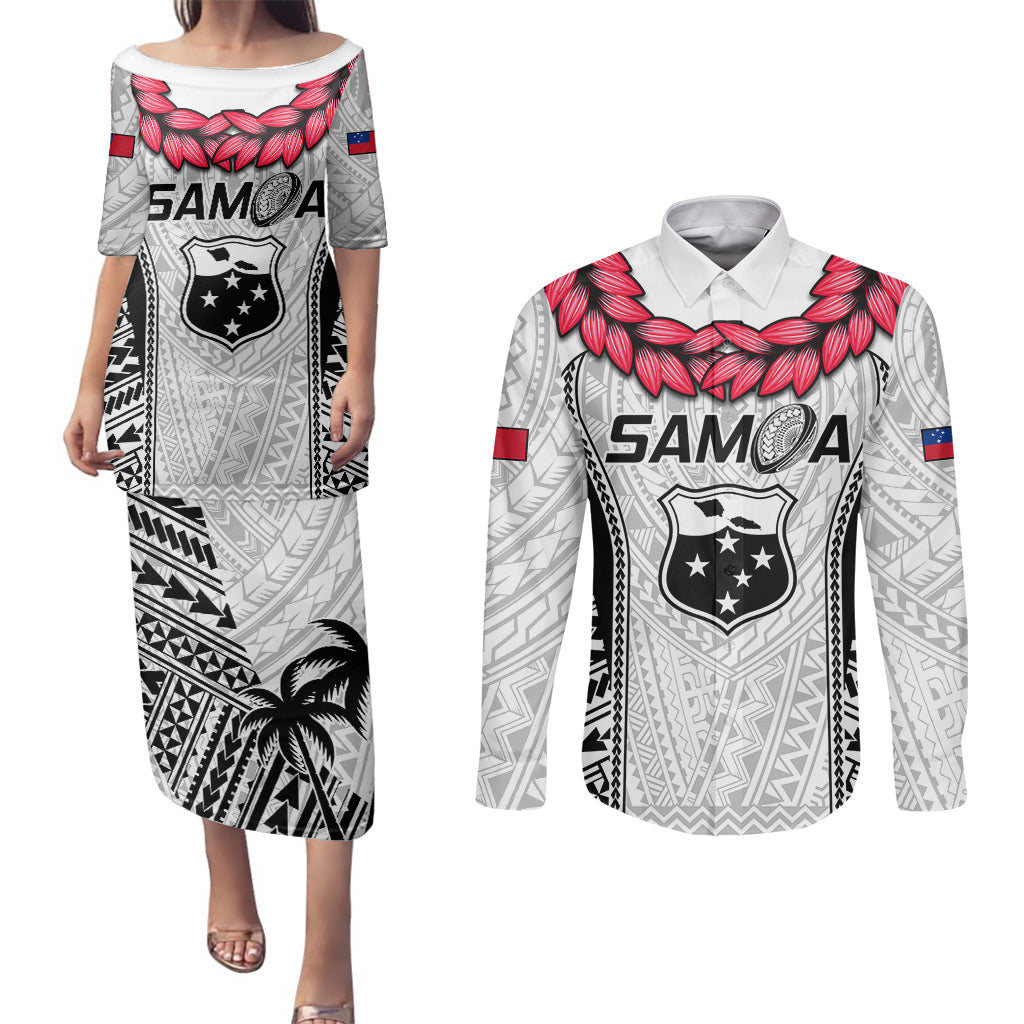 Custom Samoa Rugby Couples Matching Puletasi Dress and Long Sleeve Button Shirts Go Champions World Cup 2023 Polynesian Unique LT9 - Wonder Print Shop