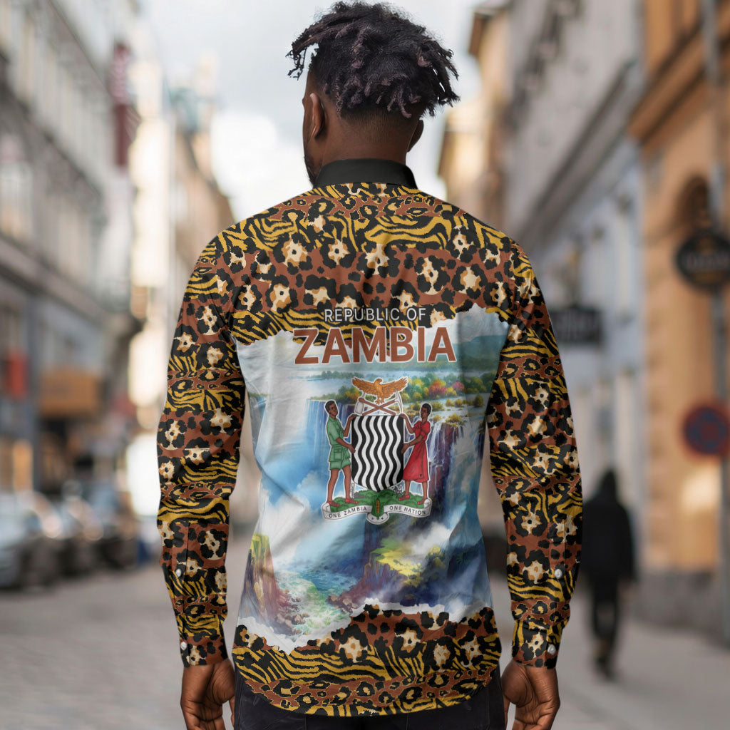 Zambian Heritage Independence 1964 Long Sleeve Button Shirt Traditional African Seamless Pattern