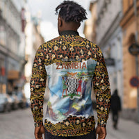 Zambian Heritage Independence 1964 Long Sleeve Button Shirt Traditional African Seamless Pattern