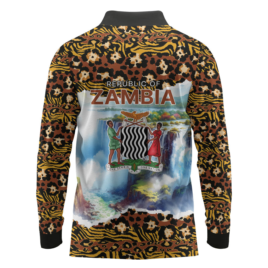 Zambian Heritage Independence 1964 Long Sleeve Polo Shirt Traditional African Seamless Pattern