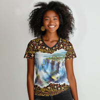Zambian Heritage Independence 1964 Women V-Neck T-Shirt Traditional African Seamless Pattern