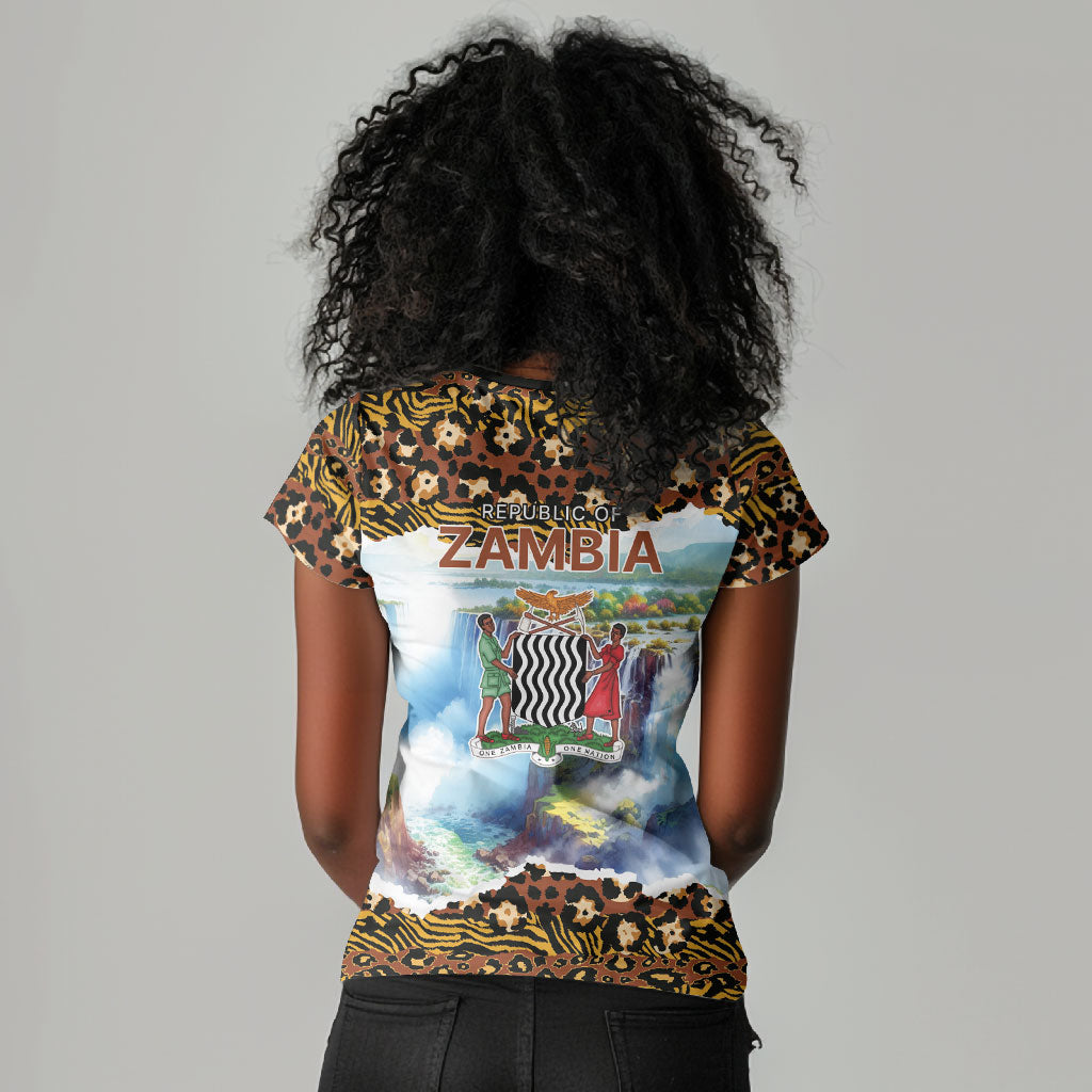 Zambian Heritage Independence 1964 Women V-Neck T-Shirt Traditional African Seamless Pattern