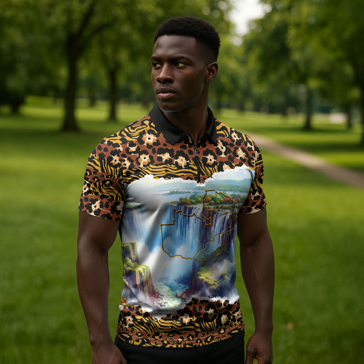 Zambian Heritage Independence 1964 Zipper Polo Shirt Traditional African Seamless Pattern