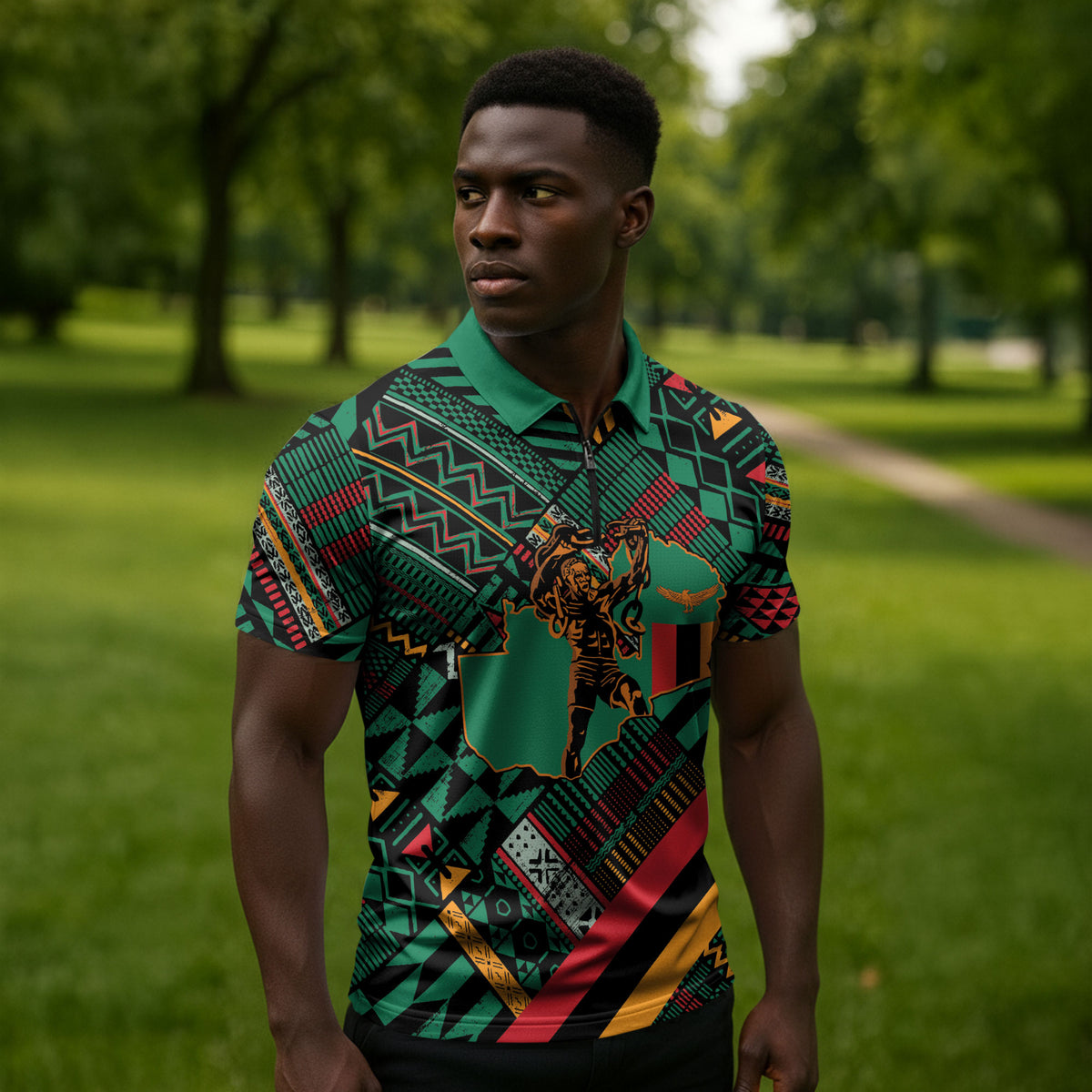 Zambia Victoria Falls Zipper Polo Shirt Indigenous Wild Animal Skins Tribal Patchwork