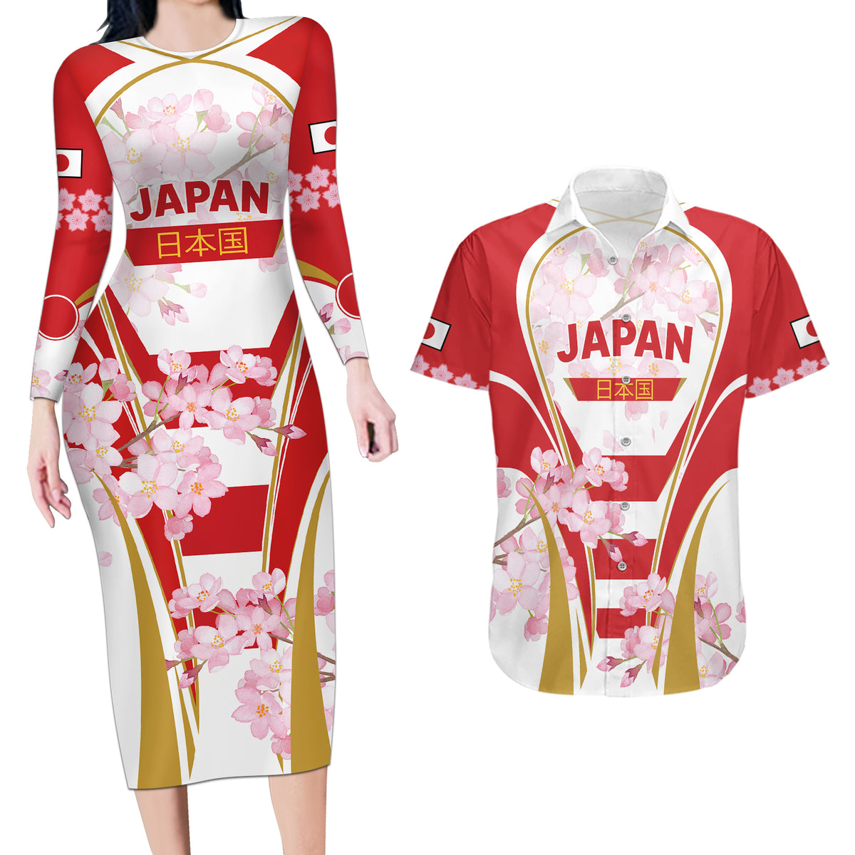 Custom Japan Rugby Couples Matching Long Sleeve Bodycon Dress and Hawaiian Shirt World Cup 2023 Go Brave Blossoms Sporty Style LT9 - Wonder Print Shop
