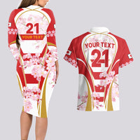 Custom Japan Rugby Couples Matching Long Sleeve Bodycon Dress and Hawaiian Shirt World Cup 2023 Go Brave Blossoms Sporty Style LT9 - Wonder Print Shop