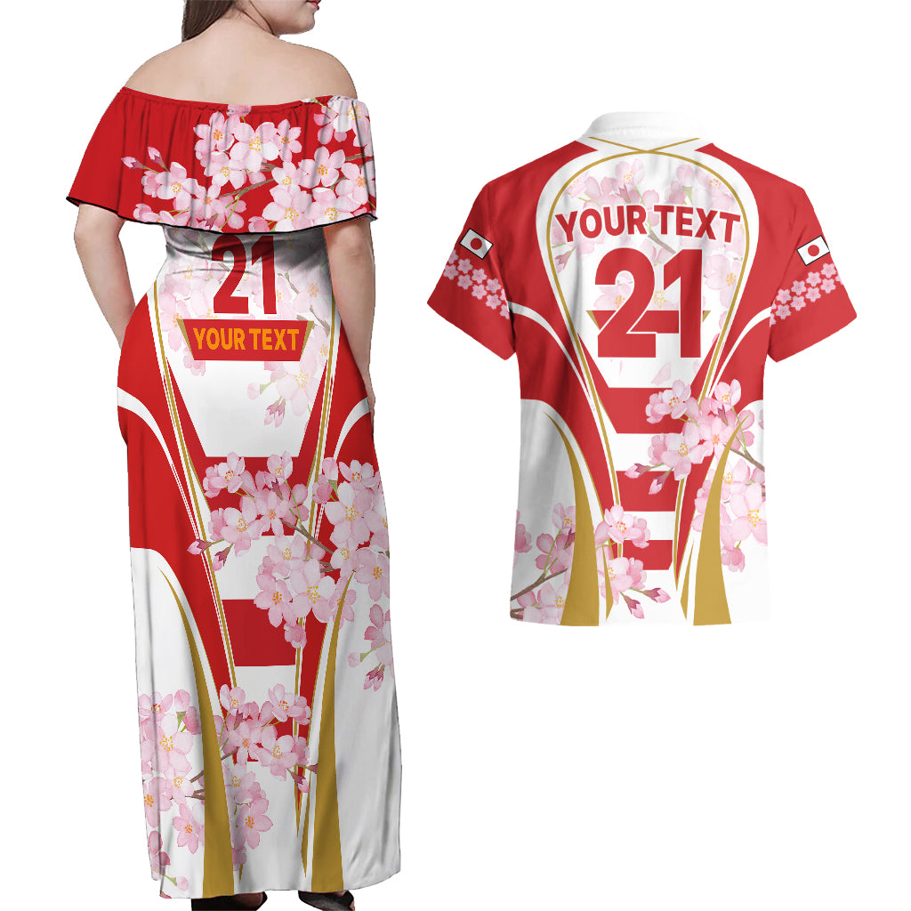 Custom Japan Rugby Couples Matching Off Shoulder Maxi Dress and Hawaiian Shirt World Cup 2023 Go Brave Blossoms Sporty Style LT9 - Wonder Print Shop
