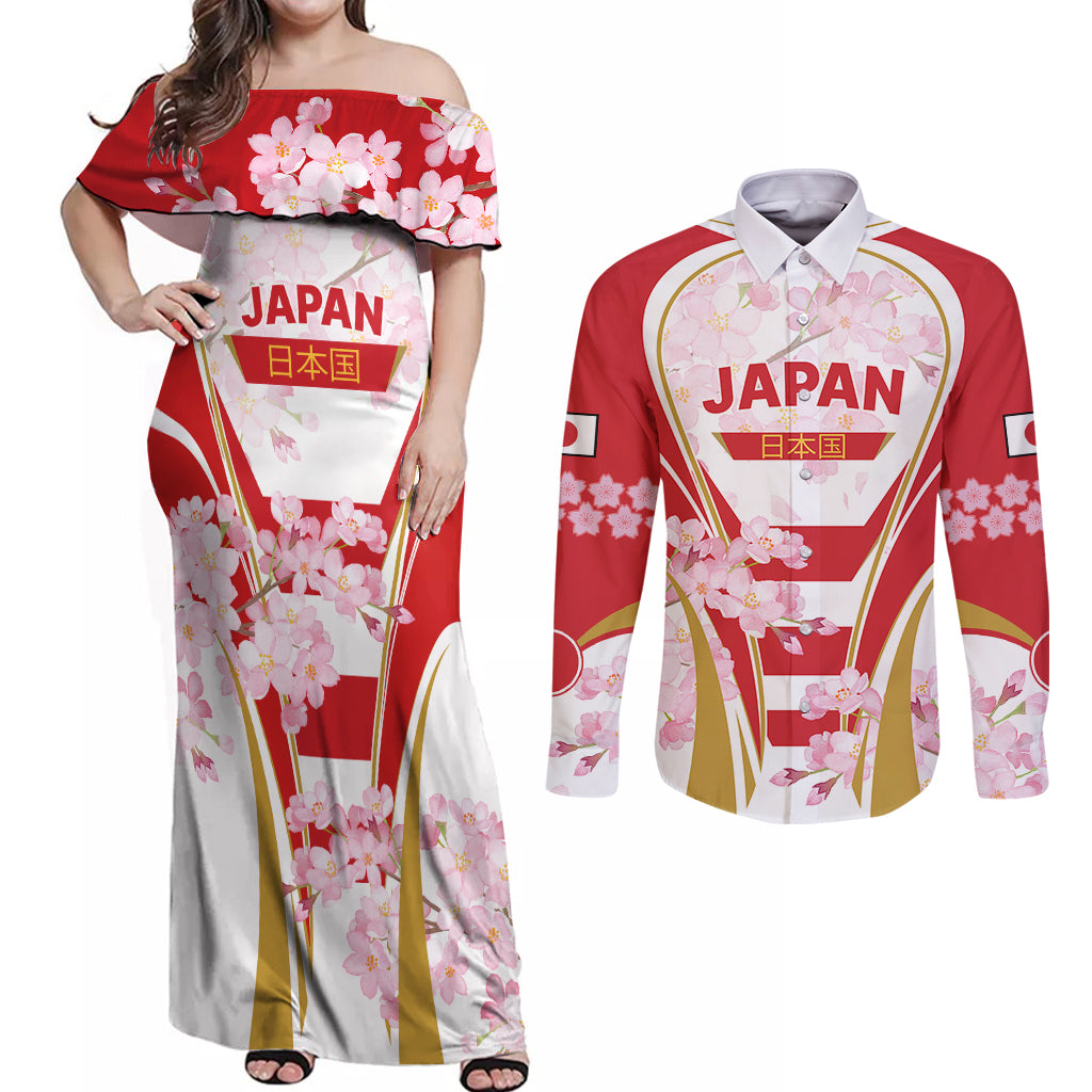 Custom Japan Rugby Couples Matching Off Shoulder Maxi Dress and Long Sleeve Button Shirts World Cup 2023 Go Brave Blossoms Sporty Style LT9 - Wonder Print Shop