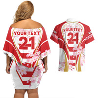 Custom Japan Rugby Couples Matching Off Shoulder Short Dress and Hawaiian Shirt World Cup 2023 Go Brave Blossoms Sporty Style LT9 - Wonder Print Shop