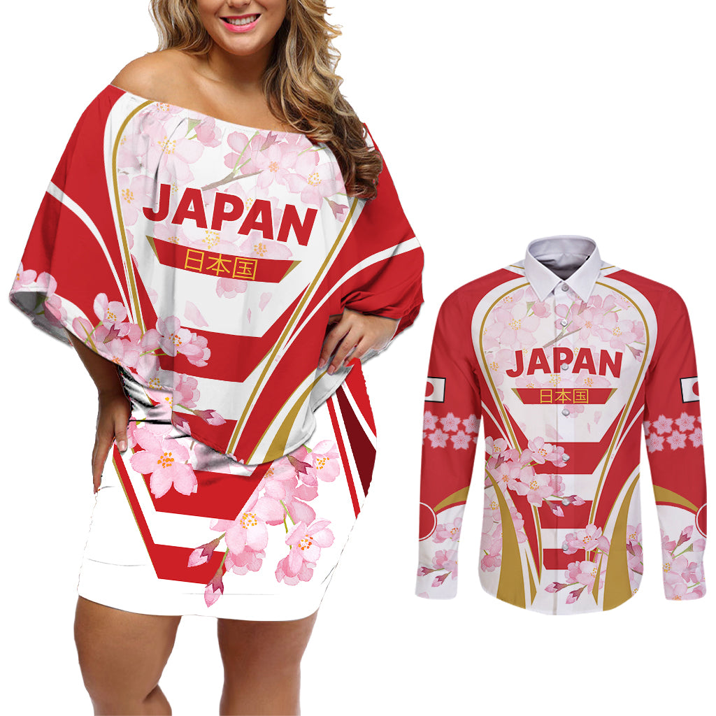 Custom Japan Rugby Couples Matching Off Shoulder Short Dress and Long Sleeve Button Shirts World Cup 2023 Go Brave Blossoms Sporty Style LT9 - Wonder Print Shop