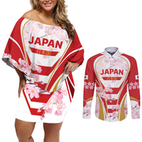 Custom Japan Rugby Couples Matching Off Shoulder Short Dress and Long Sleeve Button Shirts World Cup 2023 Go Brave Blossoms Sporty Style LT9 - Wonder Print Shop