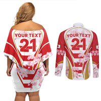 Custom Japan Rugby Couples Matching Off Shoulder Short Dress and Long Sleeve Button Shirts World Cup 2023 Go Brave Blossoms Sporty Style LT9 - Wonder Print Shop