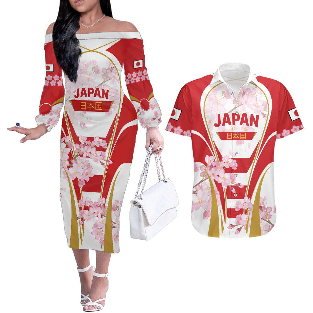Custom Japan Rugby Couples Matching Off The Shoulder Long Sleeve Dress and Hawaiian Shirt World Cup 2023 Go Brave Blossoms Sporty Style LT9 - Wonder Print Shop