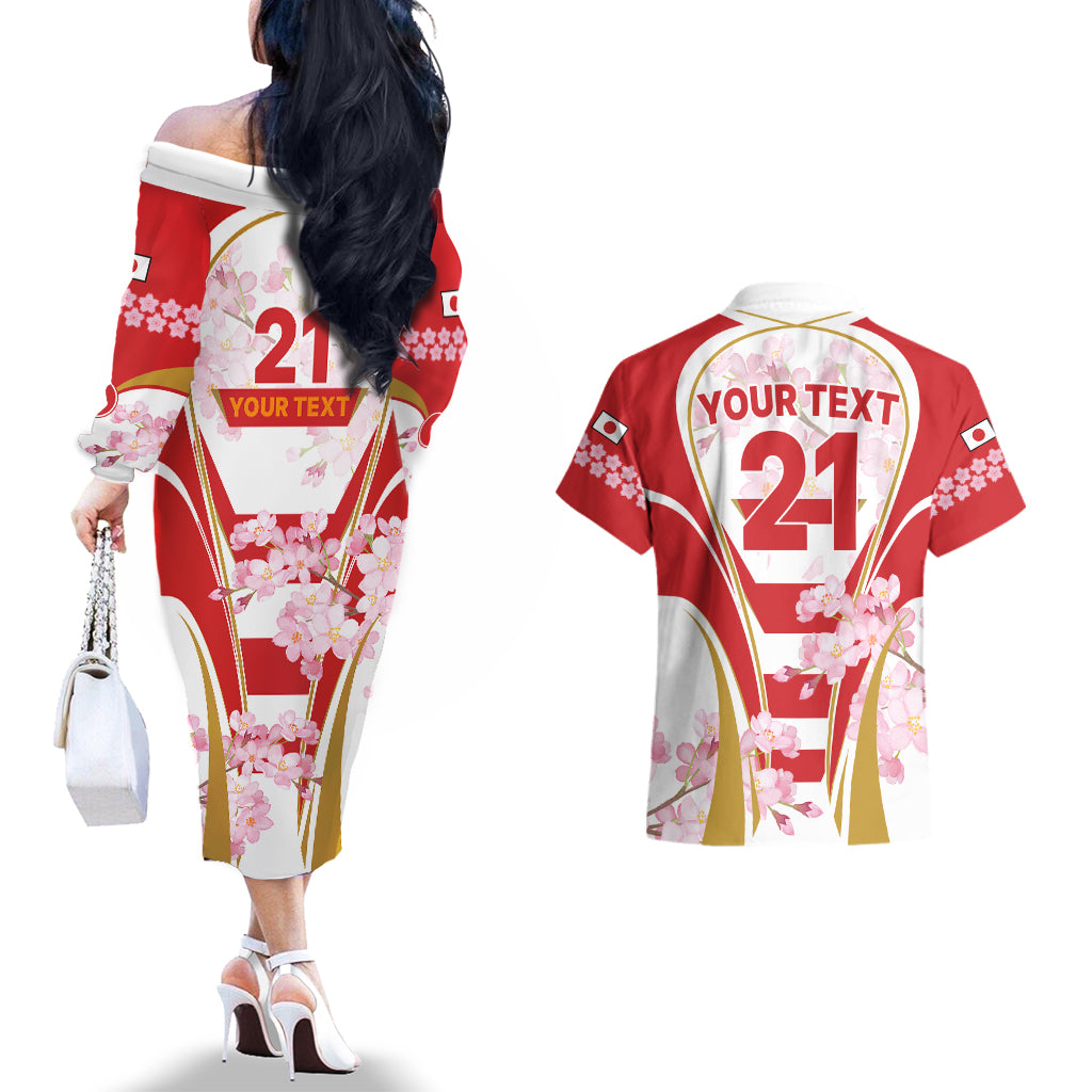 Custom Japan Rugby Couples Matching Off The Shoulder Long Sleeve Dress and Hawaiian Shirt World Cup 2023 Go Brave Blossoms Sporty Style LT9 - Wonder Print Shop