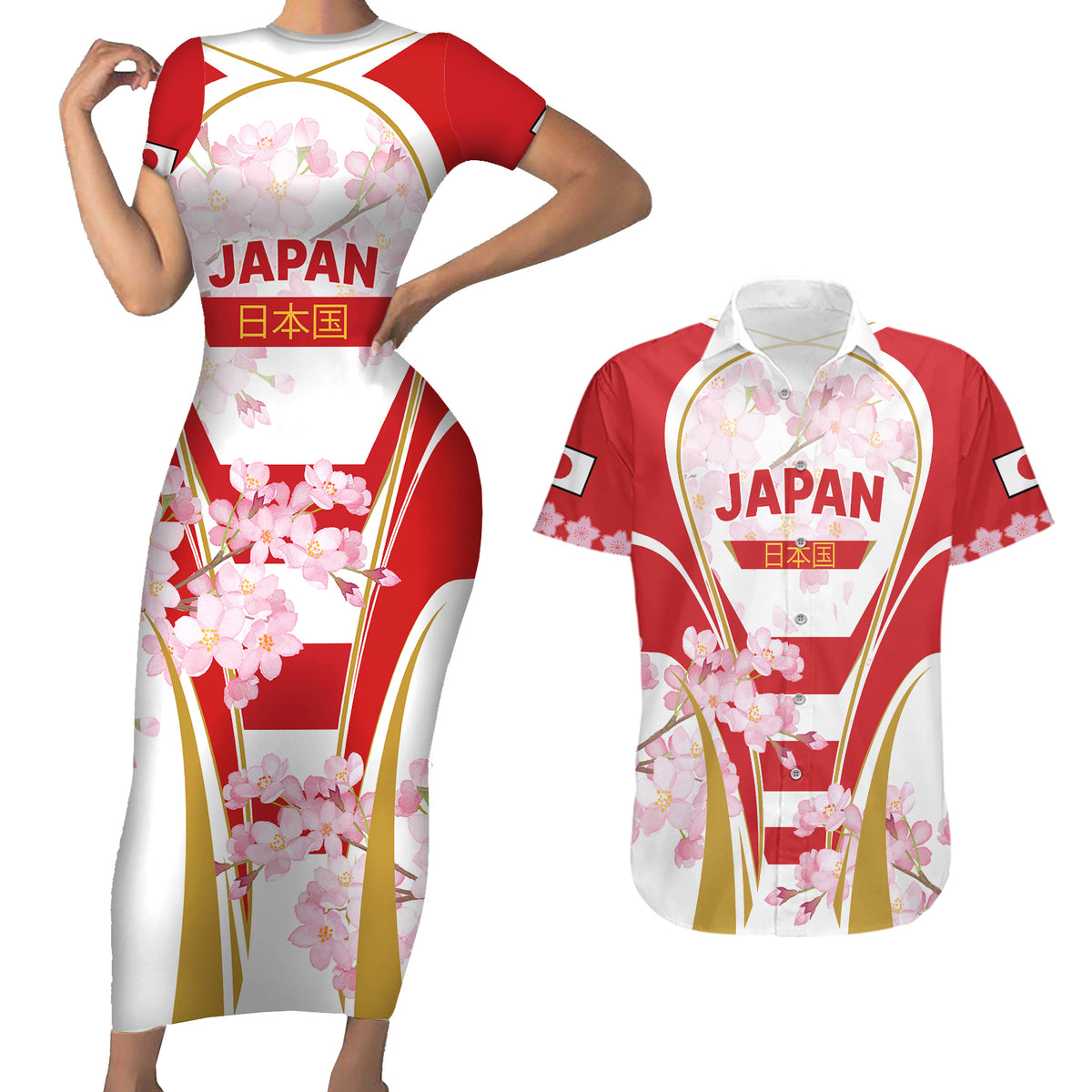 Custom Japan Rugby Couples Matching Short Sleeve Bodycon Dress and Hawaiian Shirt World Cup 2023 Go Brave Blossoms Sporty Style LT9 - Wonder Print Shop
