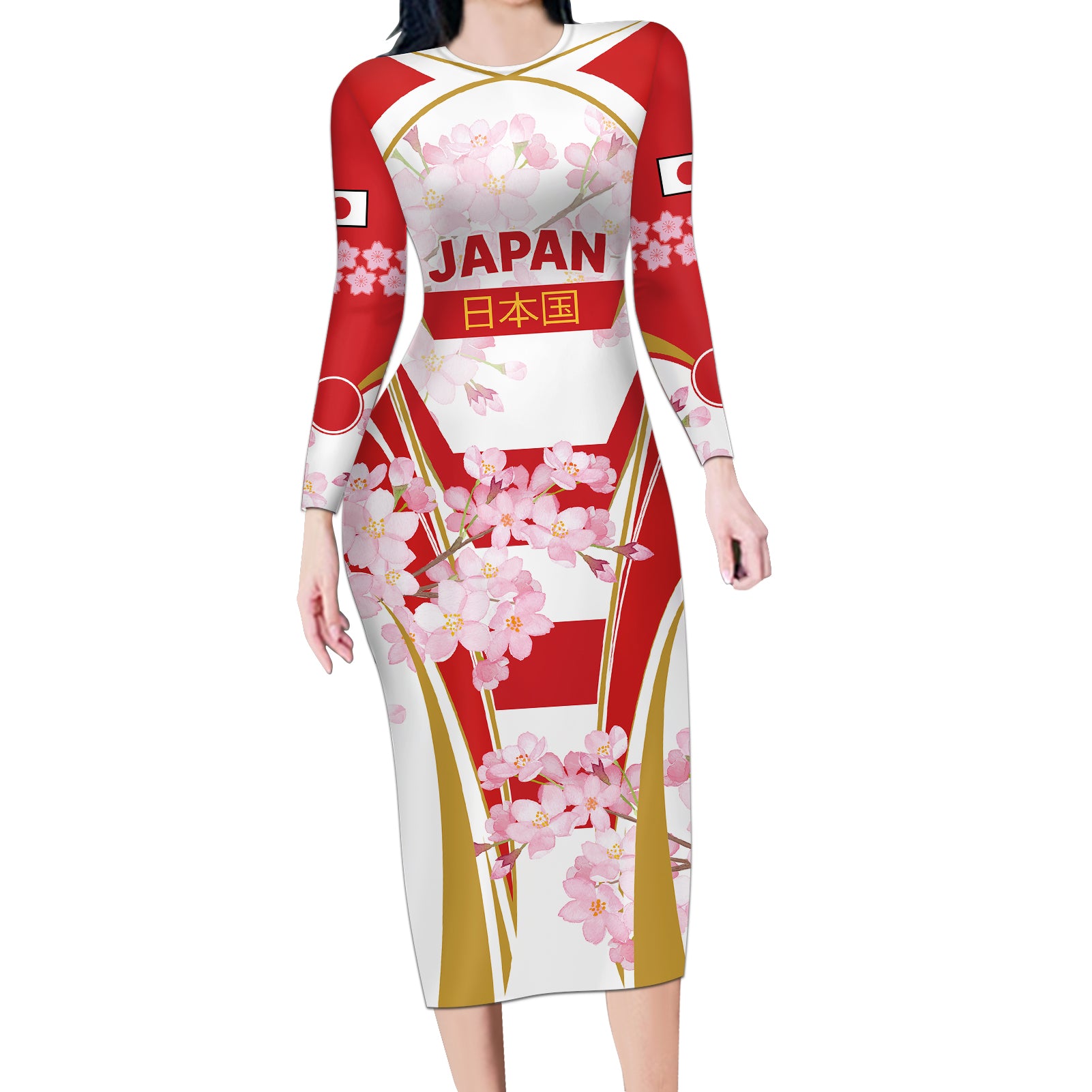 Custom Japan Rugby Long Sleeve Bodycon Dress World Cup 2023 Go Brave Blossoms Sporty Style - Wonder Print Shop