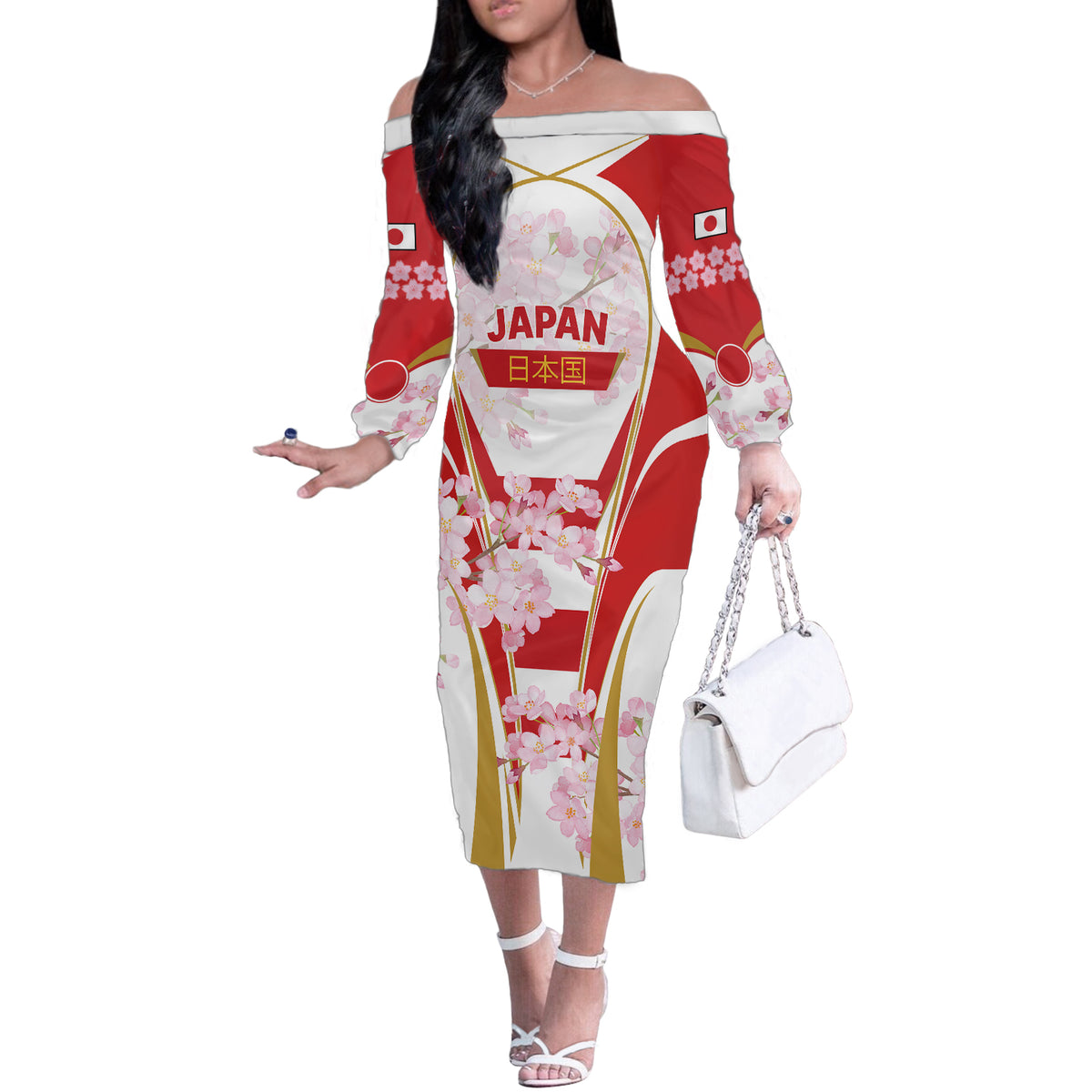 Custom Japan Rugby Off The Shoulder Long Sleeve Dress World Cup 2023 Go Brave Blossoms Sporty Style - Wonder Print Shop