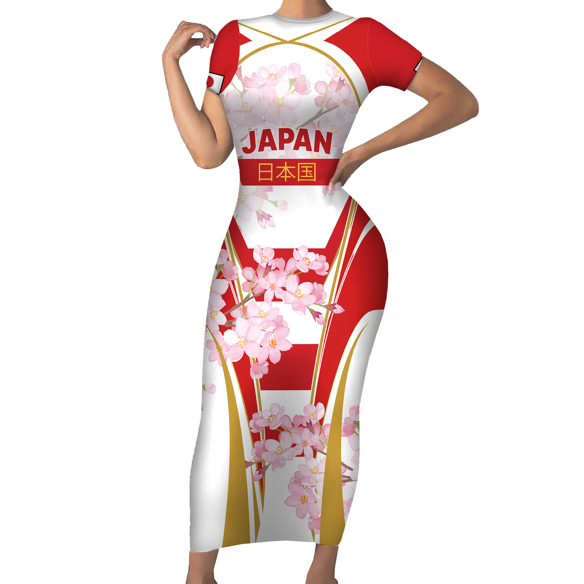 Custom Japan Rugby Short Sleeve Bodycon Dress World Cup 2023 Go Brave Blossoms Sporty Style - Wonder Print Shop