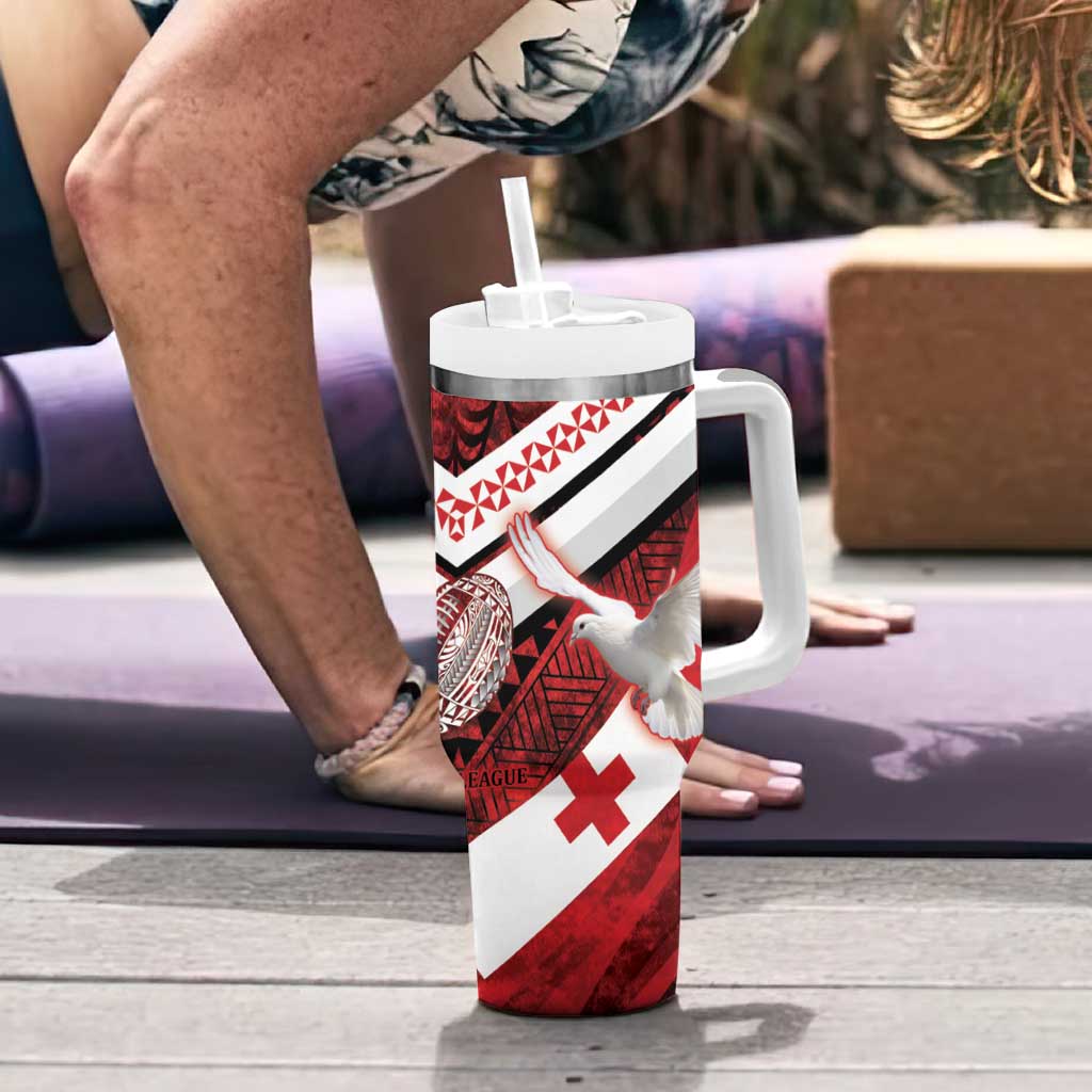 Custom Tonga XIII Rugby Tribal Tattoo Tumbler With Handle Mate Ma'a Tonga Kupesi Ngatu Grunge Style - Wonder Print Shop