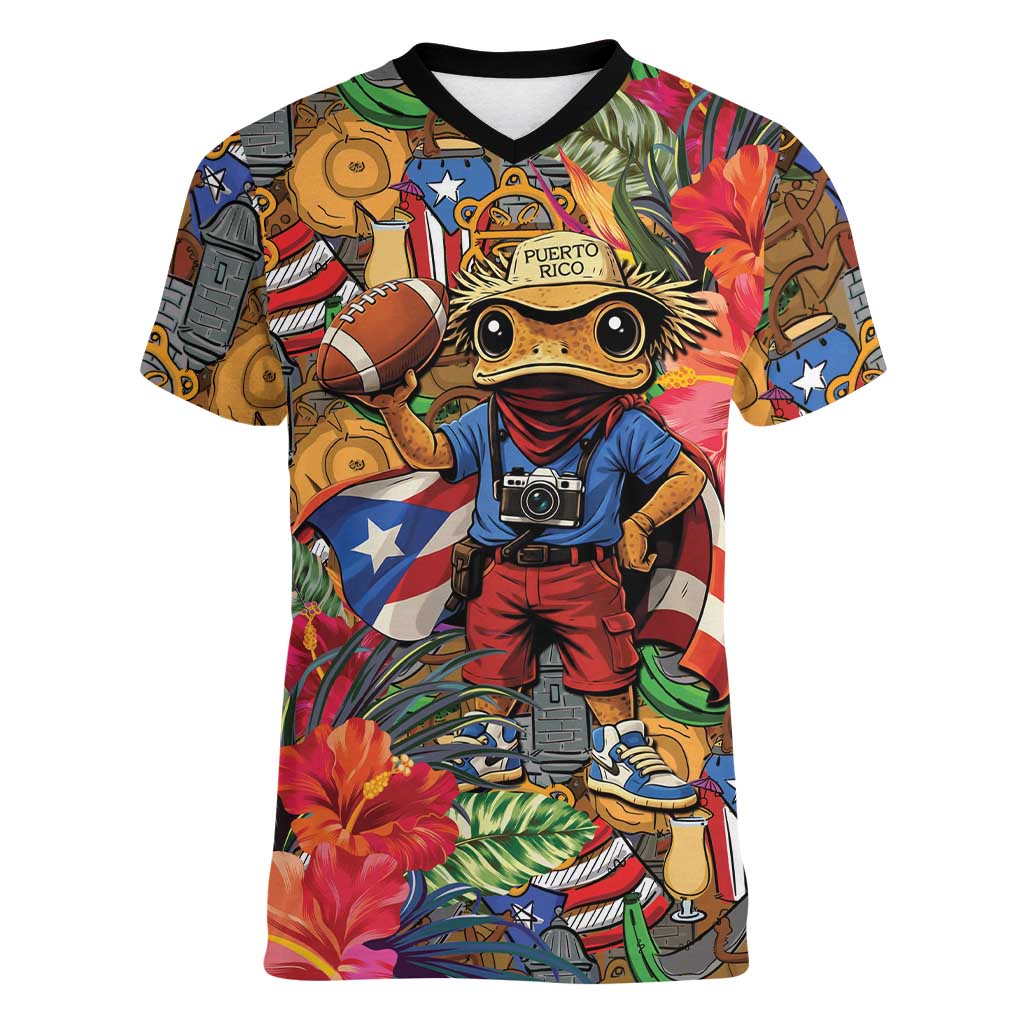 Funny Benito Bowl Women V-Neck T-Shirt Puerto Rican Coquí Football