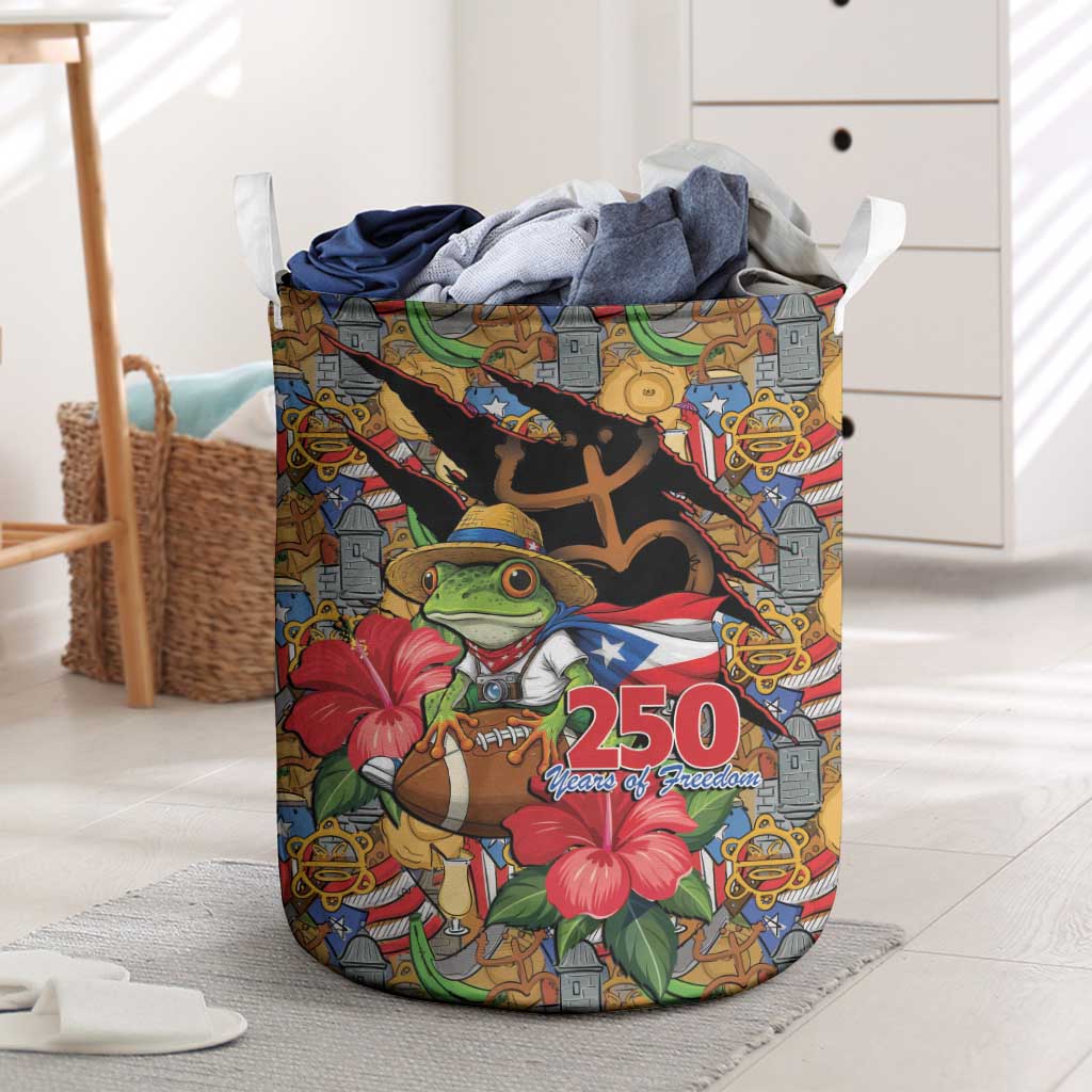 Patriotic Coqui Frog Football Laundry Basket 250 Years of Freedom Puerto Rico Flag Stand