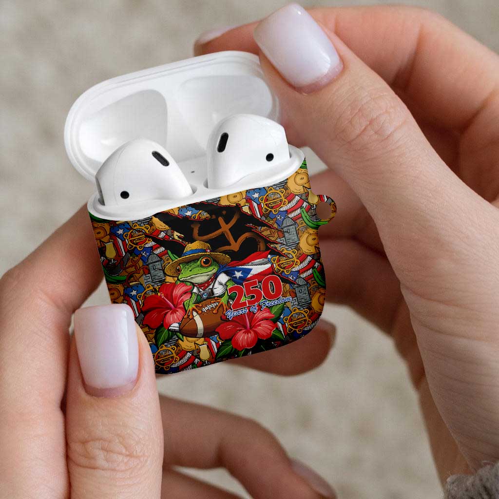 Patriotic Coqui Frog Football AirPods Case 250 Years of Freedom Puerto Rico Flag Stand