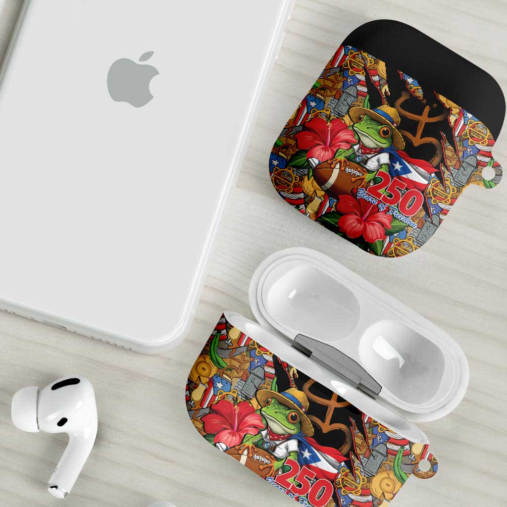 Patriotic Coqui Frog Football AirPods Case 250 Years of Freedom Puerto Rico Flag Stand