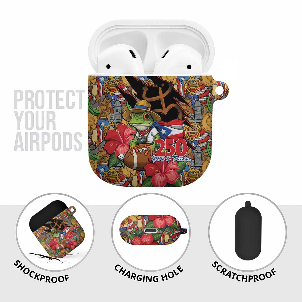 Patriotic Coqui Frog Football AirPods Case 250 Years of Freedom Puerto Rico Flag Stand