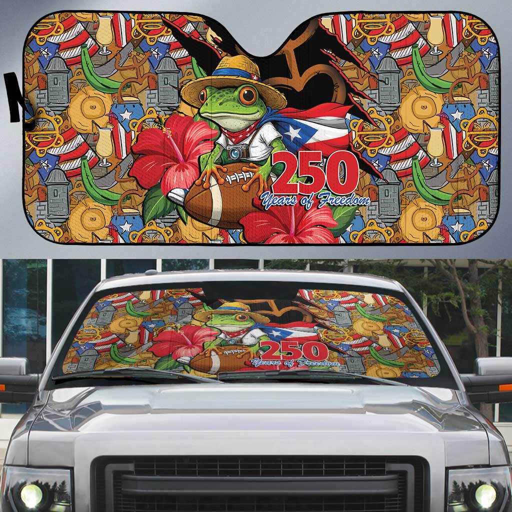 Patriotic Coqui Frog Football Auto Sun Shade 250 Years of Freedom Puerto Rico Flag Stand