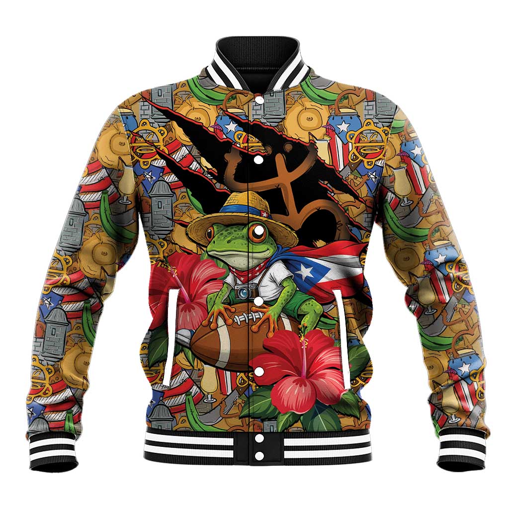 Patriotic Coqui Frog Football Baseball Jacket 250 Years of Freedom Puerto Rico Flag Stand
